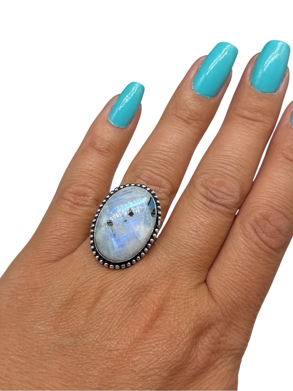 Blue Flash Rainbow Moonstone Ring Size 9 925 Sterling Silver Overlay Oval Stone - Picture 2 of 11
